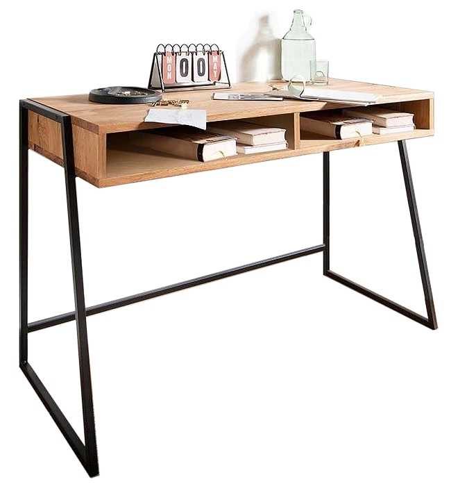kleiner Schreibtisch modern aus Holz mit Metall-Gestell in Schwarz und Stau-Raum-Fcher oder Schubladen